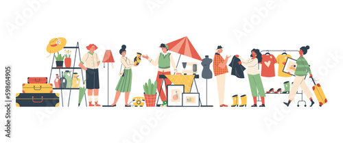 Fotografie, Tablou Flea market, customers and sellers characters flat style, vector illustration