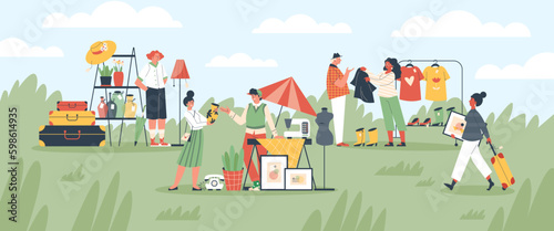 Flea market used goods background with people flat vector illustration.