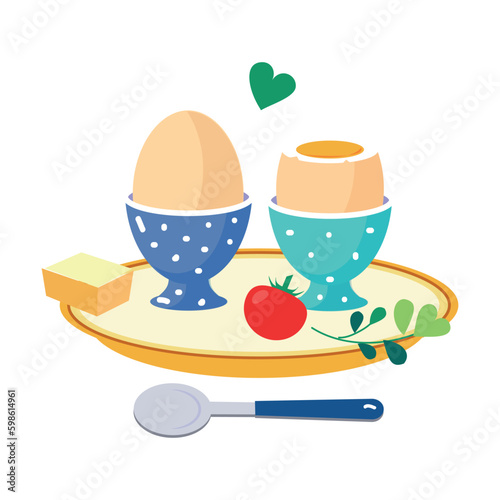 Boiled Egg in Cup and Tomato as Tasty Breakfast or Brunch with Typical Food Vector Illustration