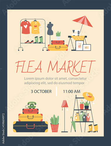 Poster about flea market flat style, vector illustration