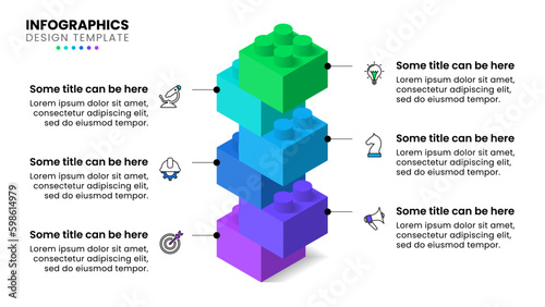 Infographic template. 6 building blocks with icons and text