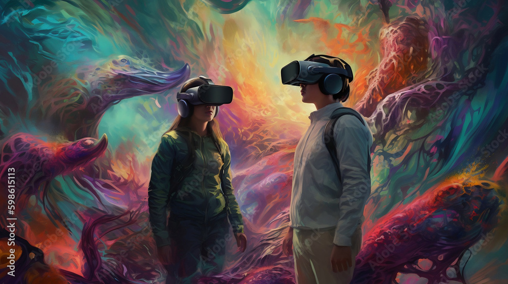Adventures in Augmented Reality: Couple Diving into a Colorful Fantasy World . Generative AI