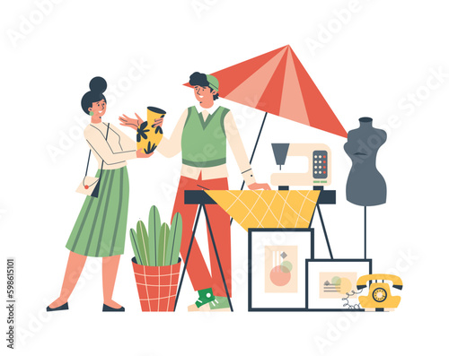 Customer and seller at a flea market, flat vector illustration isolated.