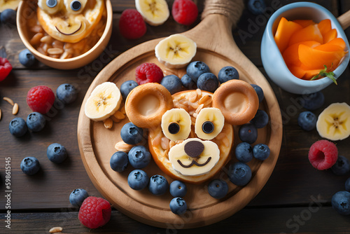 children's breakfast plate, healthy food concept, creative, food art. Generative AI