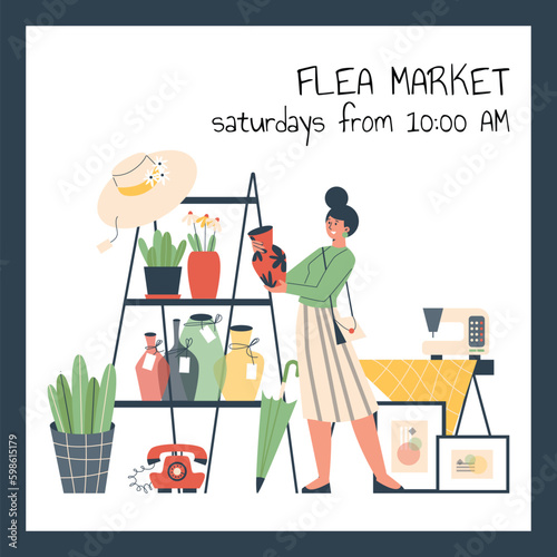 Squared banner announced flea market flat style, vector illustration