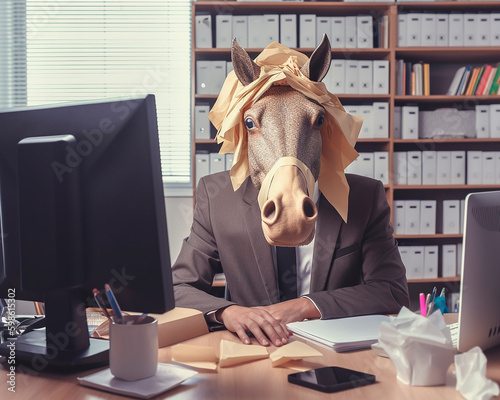 generative ai illustration of office stallion, horse working, business