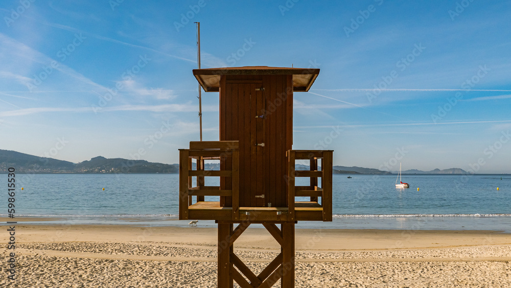 Sanxenxo, Galicia, Spain - April 7, 2023: Lifeguard tower in Silgar Beach