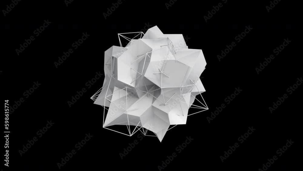 Abstract 3d white figure from triangles and grid. Abstract fractal geometric polygon or low poly background style. Looped animation on a transparent background.