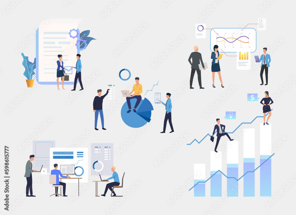 Business infographic process vector illustrations set. Office workers signing contract, making charts, presentations and diagrams, calculating data. Business, finance, infographic Generative AI Business infographic process vector illustrations set. Office workers signing contract, making charts, presentations and diagrams, calculating data. Business, finance, infographic Generative AI