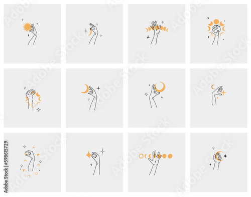 Hand drawn vector abstract outline,graphic,line set magic human hand with moon and star logo in minimalistic modern style.Moon and star sign outline design concept.Outline astrology line art isolated.
