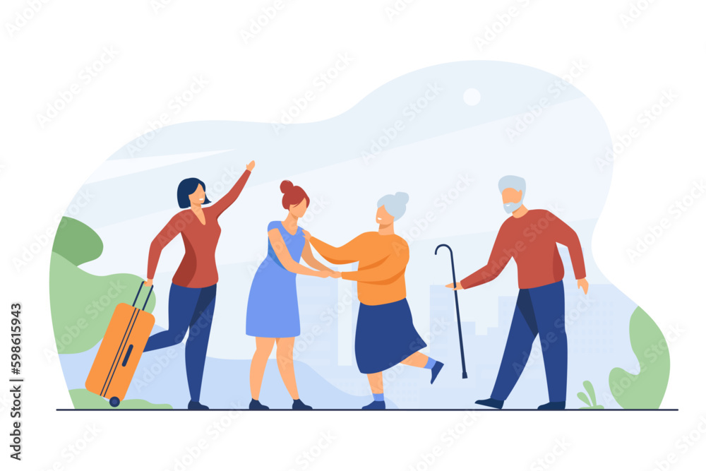 Happy female couple meeting parents vector illustration. Cartoon drawing of young women reuniting with elderly mother and father. Family reunion, love, care, holidays concept Generative AI