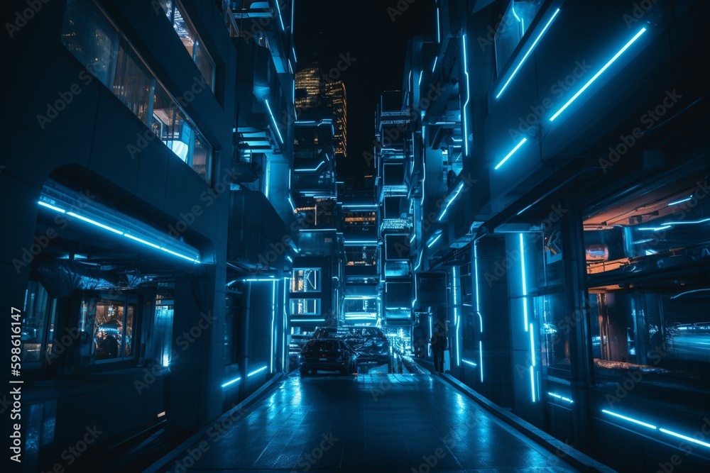 Nighttime urban landscape with futuristic architecture bathed in blue light. Generative AI