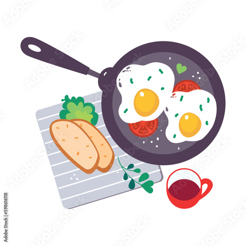 Scrambled Eggs with Tomato on Frying Pan as Tasty Breakfast or Brunch with Typical Food Top View Vector Illustration