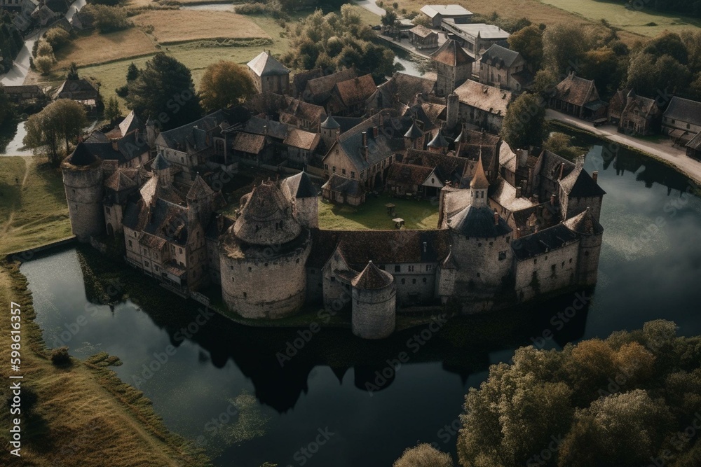 A bird's eye view of a medieval town with a lake and a castle in the ...