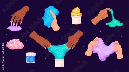 WebSet of human hands touching colorful slimes flat style