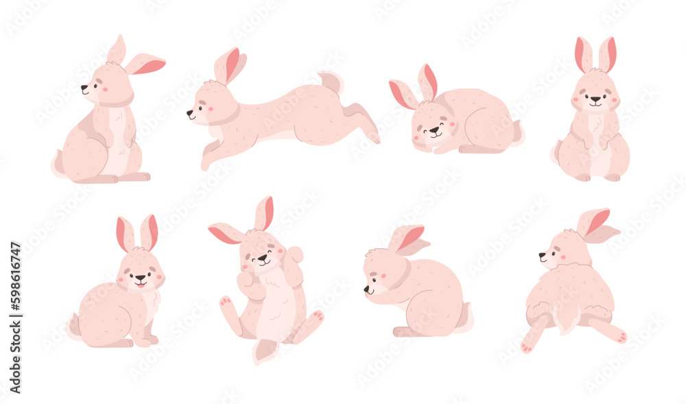 Set of cute rabbits in different poses, cartoon flat vector illustration isolated on white background. Set of cute rabbits in different poses, cartoon flat vector illustration isolated on white background.