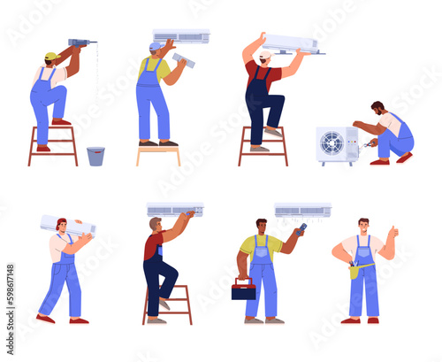 Air conditioner service technician working, set of flat vector illustrations isolated on white background.