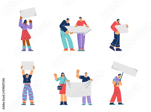 Set of people holding various signs with copy space for text flat style