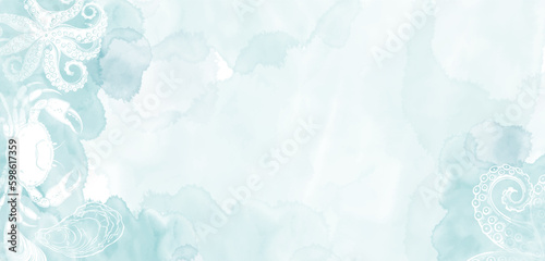 Art sea food vector background. Luxury design with sea food on blue watercolor background. Template design for text, packaging and prints.