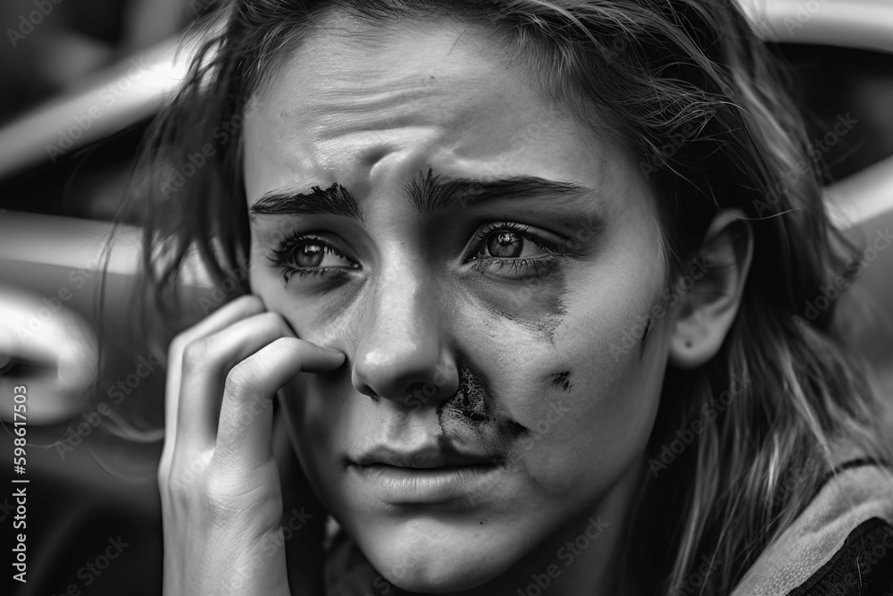 Portrait of a woman with a bruised and distressed face after a car accident. Ai generated. Portrait of a woman with a bruised and distressed face after a car accident. Ai generated.