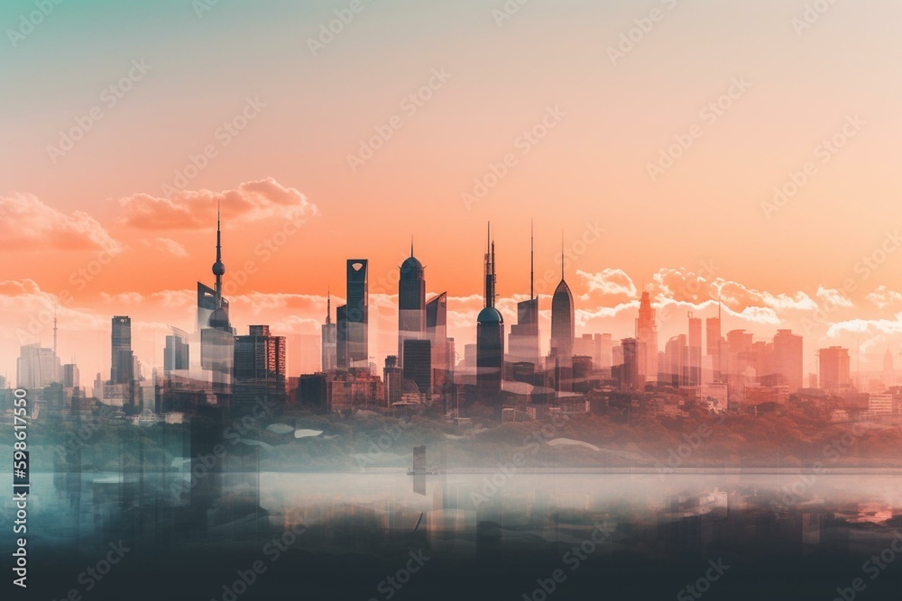 A gradient skyline made up of transparent layers featuring landmarks. Generative AI