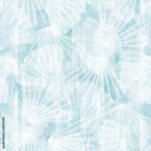 Scallops. Seamless vector pattern on blue watercolor background. Perfect for wallpaper, wrapping, fabric and textile.