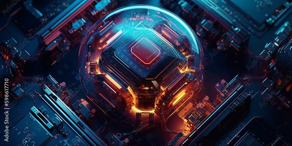science fiction supercomputer design, futuristic high-tech cpu, colorful abstract circuit board design, generative ai