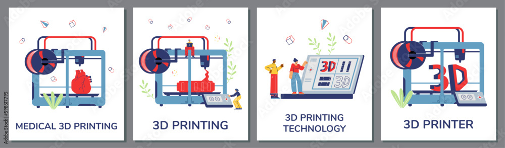 3D printing or additive technology posters set, flat vector illustration. 3D printing or additive technology posters set, flat vector illustration.