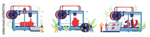 Industrial 3D printer for medicine and manufacture, flat vector isolated.