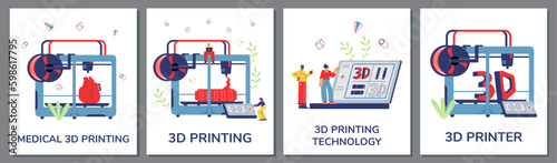3D printing or additive technology posters set, flat vector illustration.