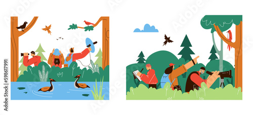 People watching birds in the forest, set of landscapes - flat vector illustration.