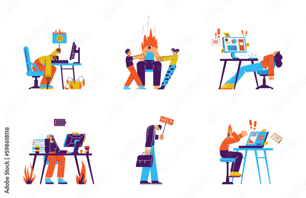 People stressed and burnout from overwork and chores, set flat vector isolated.