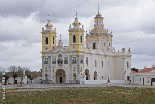 Viana do Alentejo, Portugal - March 31, 2023: The Sanctuary of Nossa Senhora d'Aires, on the outskirts of Viana do Alentejo, is a work of the 18th century. Sunny spring day. Selective focus