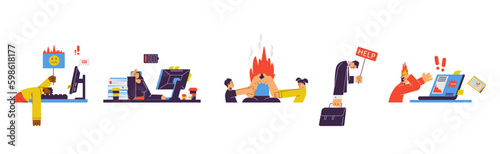 Set of people burnout from overwork and chores vector illustration isolated.