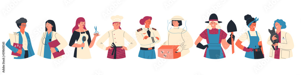 Set of women of different jobs and professions, flat vector illustration isolated on white background.