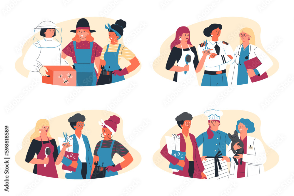 Female characters of different occupations collection, flat vector isolated.