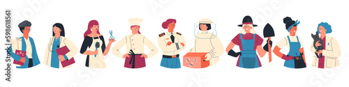 Set of women of different jobs and professions, flat vector illustration isolated on white background.