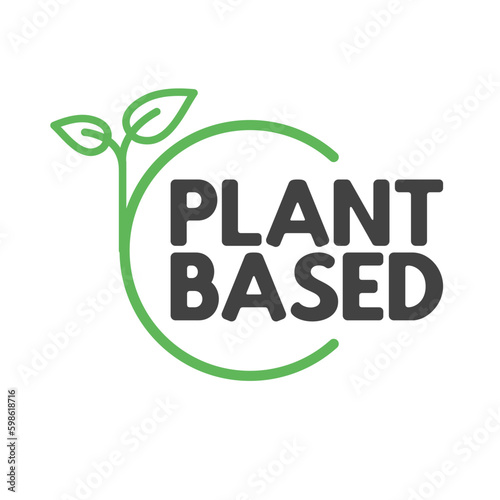 Plant based label. Text inside a circle with leaves around. Vegan friendly badge.