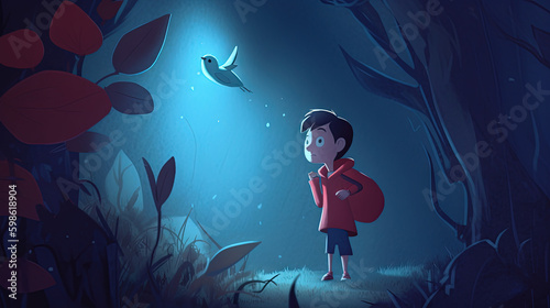 Cartoon boy in the dark forest, with a bird in the background
