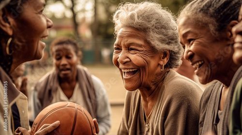 Elderly women playing basketball together, laughing and having fun - ai generative