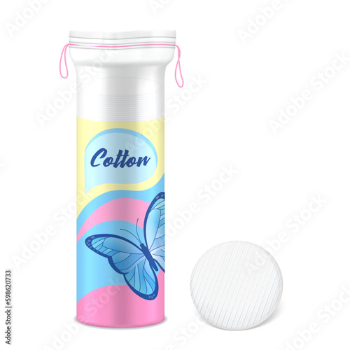 Cotton pads with isolated container. Vector cosmetic items for face makeup and skin care. Plastic package for packaging. Facial swab or antibacterial sponge. Sanitary and beauty container. Napkin