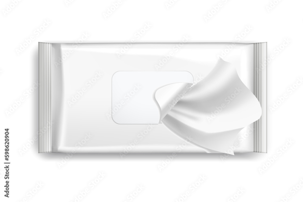 Realistic wet wipe or isolated napkin pack template. 3d image of pouch for hygiene or sanitary container mockup. Hand cleaning sachet. Medical and cleaning product box design. Antibacterial hygiene