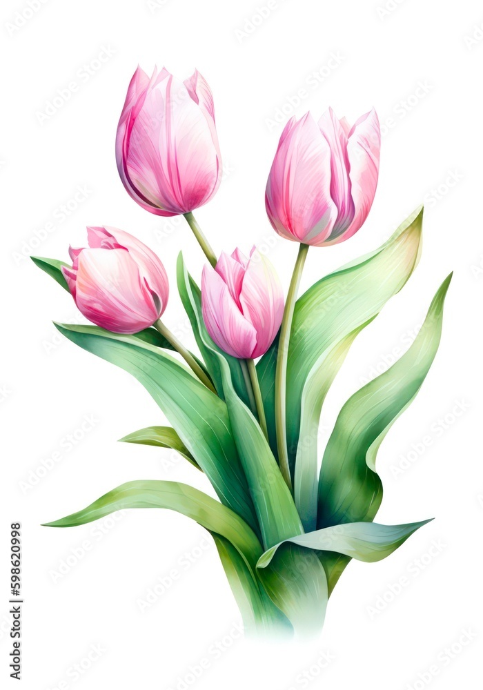 Watercolor bouquet of pink tulips isolated on white background. Generative AI. Watercolor bouquet of pink tulips isolated on white background. Generative AI.