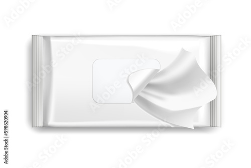 Realistic wet wipe or isolated napkin pack template. 3d image of pouch for hygiene or sanitary container mockup. Hand cleaning sachet. Medical and cleaning product box design. Antibacterial hygiene