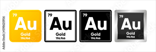 Gold chemical element with 79 atomic number, atomic mass and electronegativity values. Periodic table concept. Logo in four design. Simple black, realistic and color logo. Vector Generative AI