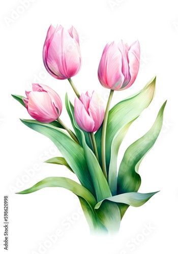 Watercolor bouquet of pink tulips isolated on white background. Generative AI.