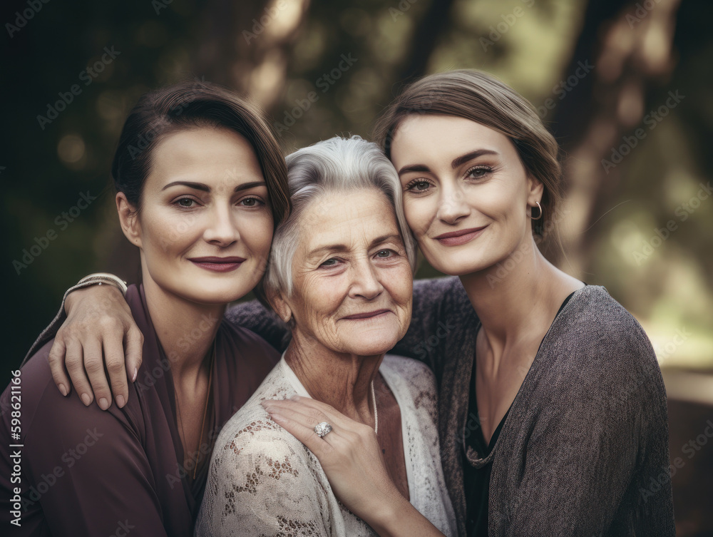 family portrait of senior mother and two adult daughters. AI generative family portrait of senior mother and two adult daughters. AI generative