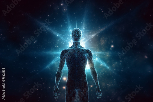 State of mind  meditation  esoteric and spiritual life. Man dark silhouette in space background. Afterlife and connection with other worlds. Generative AI
