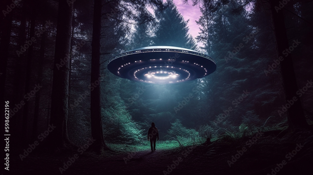 Man look at glowing UFO flying saucer hovering in mystical forest