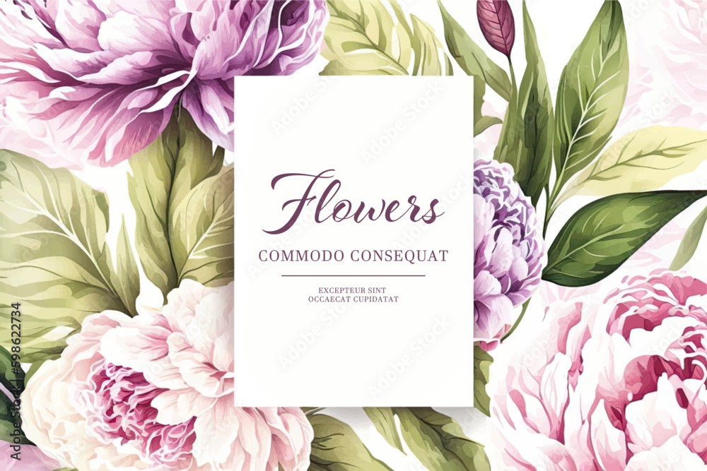 Vector watercolor banner with beautiful framed peonies flowers for spring or summer holiday, women's day, mother's day, wedding